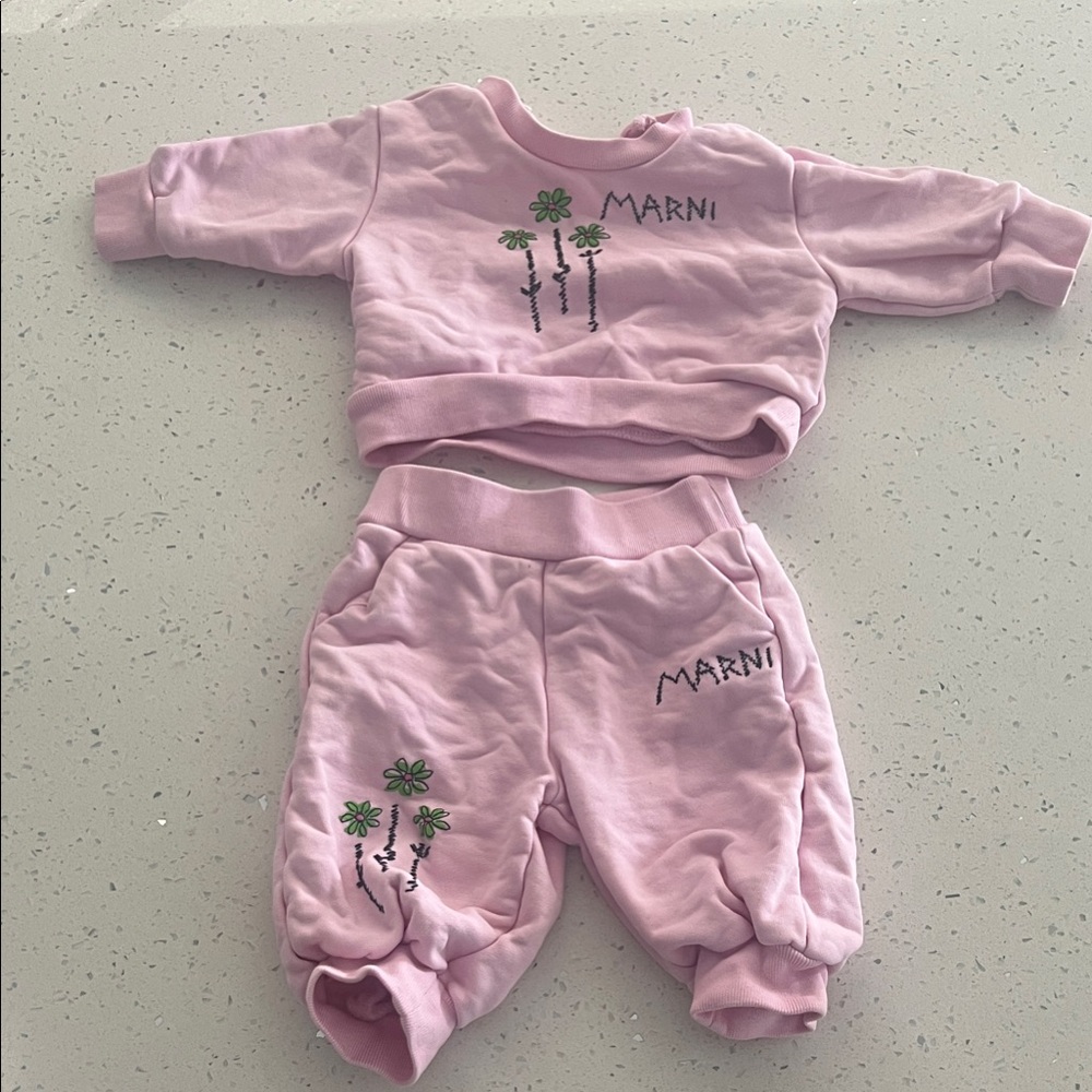 Marni Light Pink Kids Pajama Set with Green Floral Embroidery
